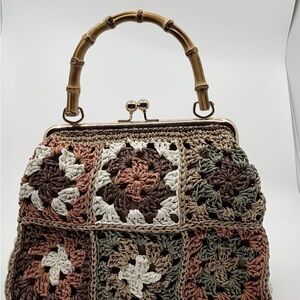 Crochet Bamboo-Handle Satchel in Brown, Tan & Cream Handmade